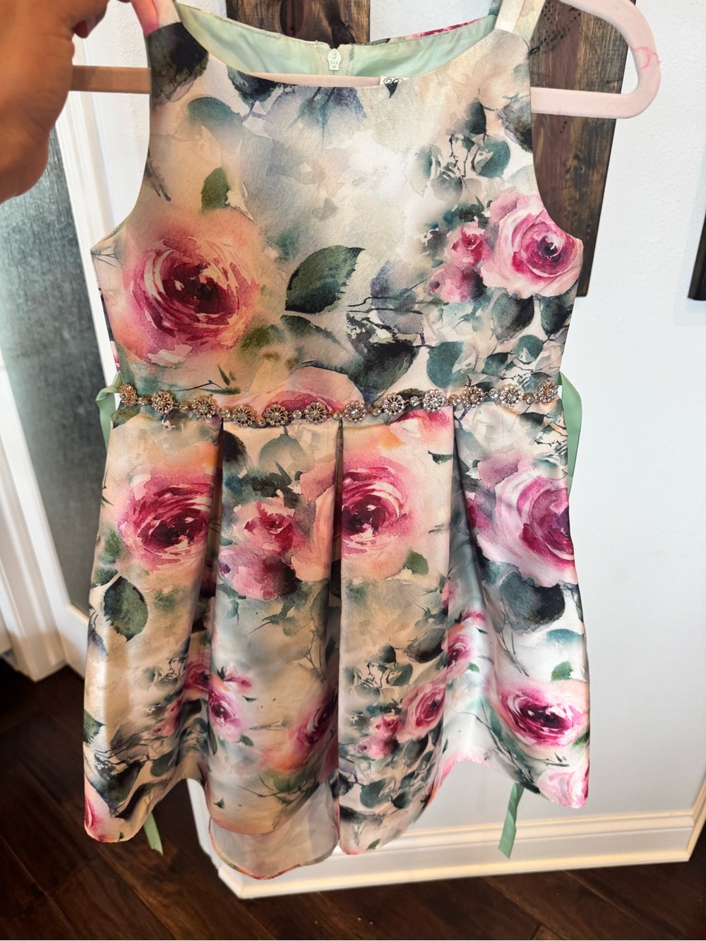 Rare Editions Pink and Green Floral Girls' Party Dress with Gem Waist